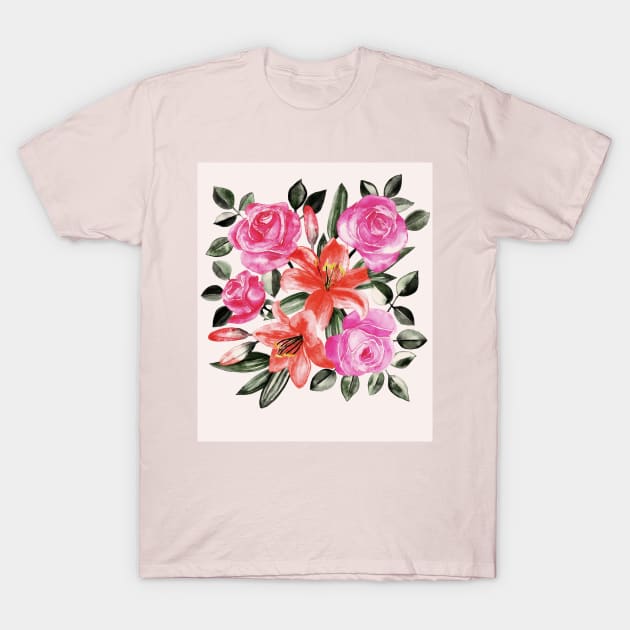 Roses and Lilies in watercolor T-Shirt by micklyn